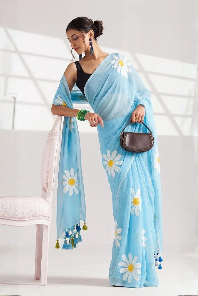 Sky Blue Chinon Saree Kalyanja Fashion